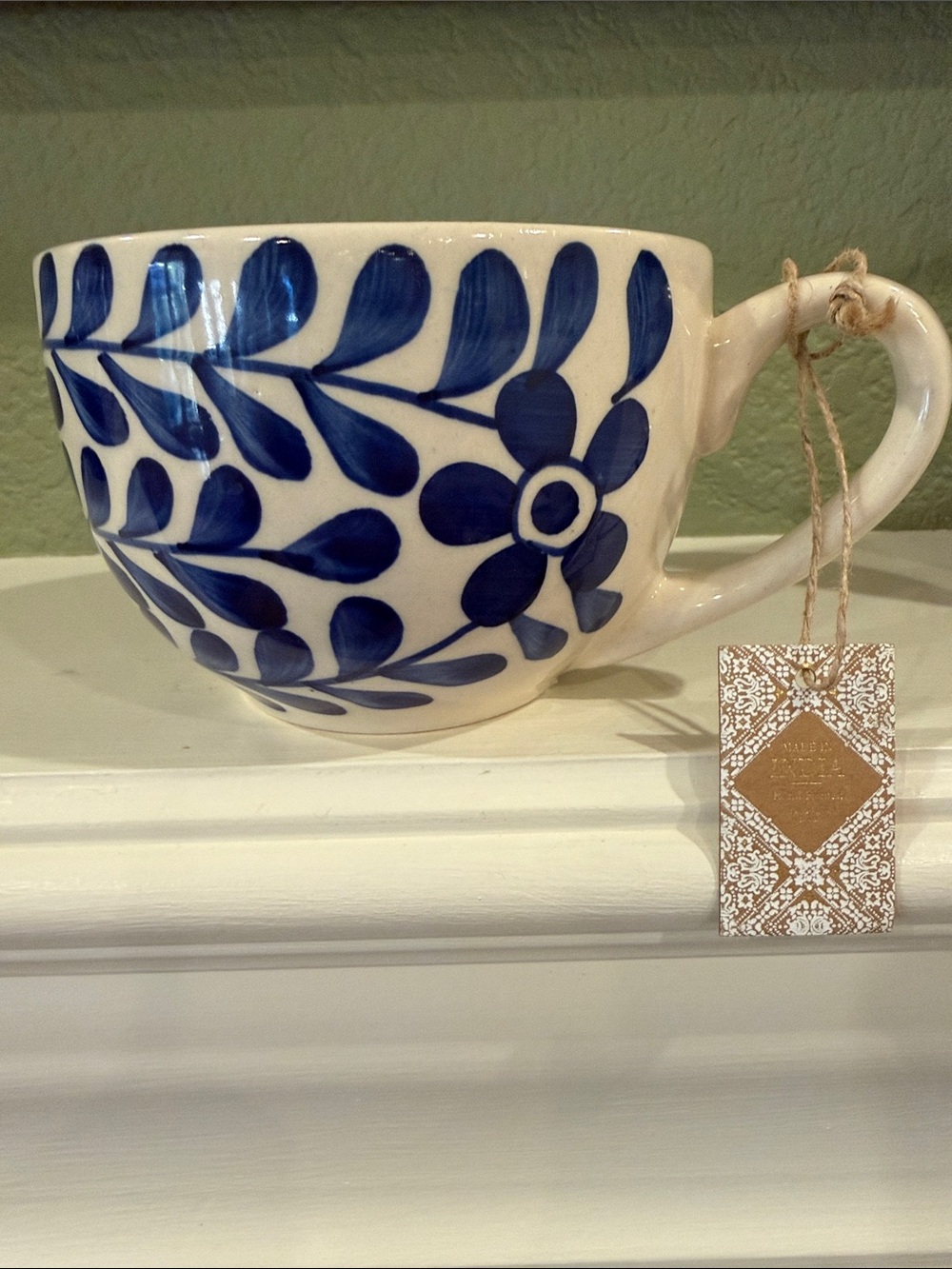 NWT 24 oz Hand Painted Extra Large Mug, Creamy White/Blue, Handcrafted in India